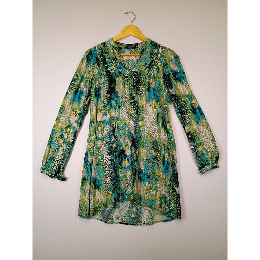 Boho A Colorida Collection Womens P Teal Green Snakeskin Pleated V-Neck Tunic